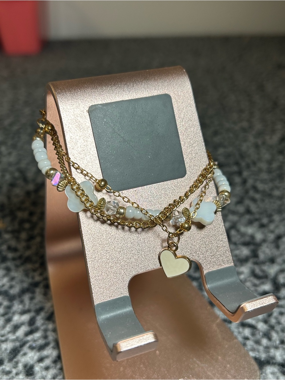 Gold & White Heart Charm Layered Bracelet